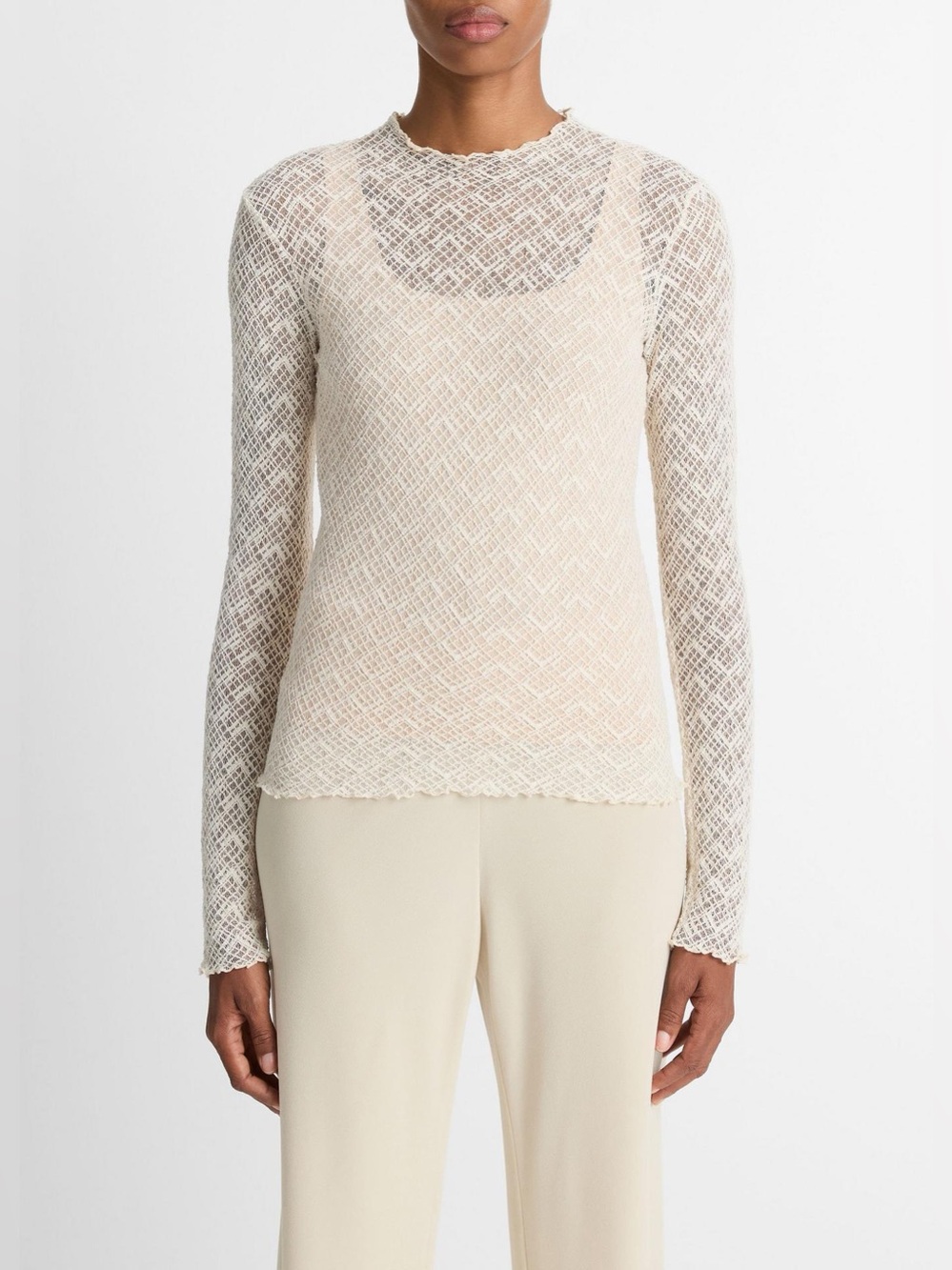 Vince Diamond Lace Mock Neck Long Sleeve Top Alabaster Size S NWOT